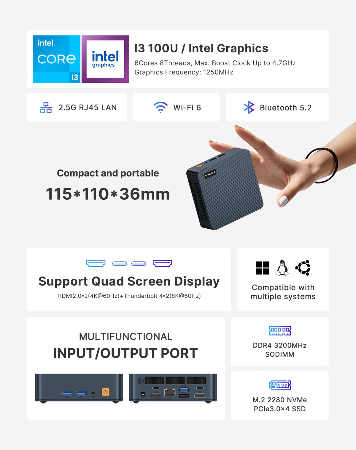C7 Mini PC, Intel Core 3 100U, 16GB DDR4 RAM 512GB NVMe SSD | Hybrid Architecture, 6C/ 8T up,Dual Thunderbolt 4, Dual HDMI 4K, Wi-Fi 6, 2.5Gb Ethernet, Windows 11 Pro Desktop Computer