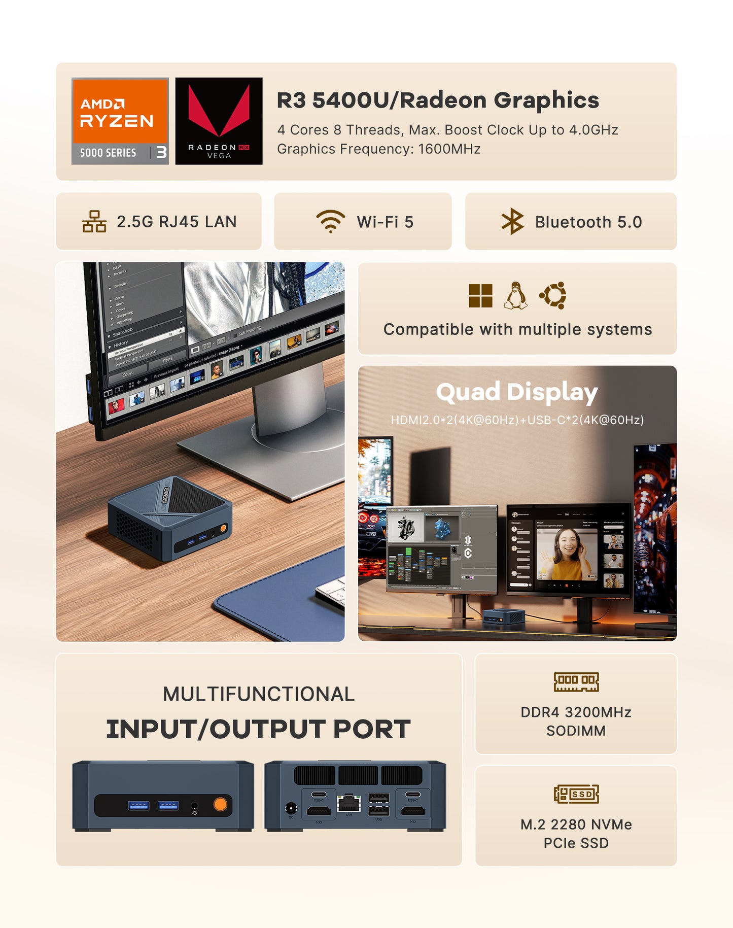 C8 Mini PC, AMD Ryzen 5400U Mini Computer, 16GB DDR4 RAM 512GB NVMe SSD 4C/8T, Four 4K@60Hz Displays, Dual HDMI 2.0, Dual USB-C, 2.5Gb LAN, Wi-Fi 5, Win11 Pro/Ubuntu, Business Office Desktop PC