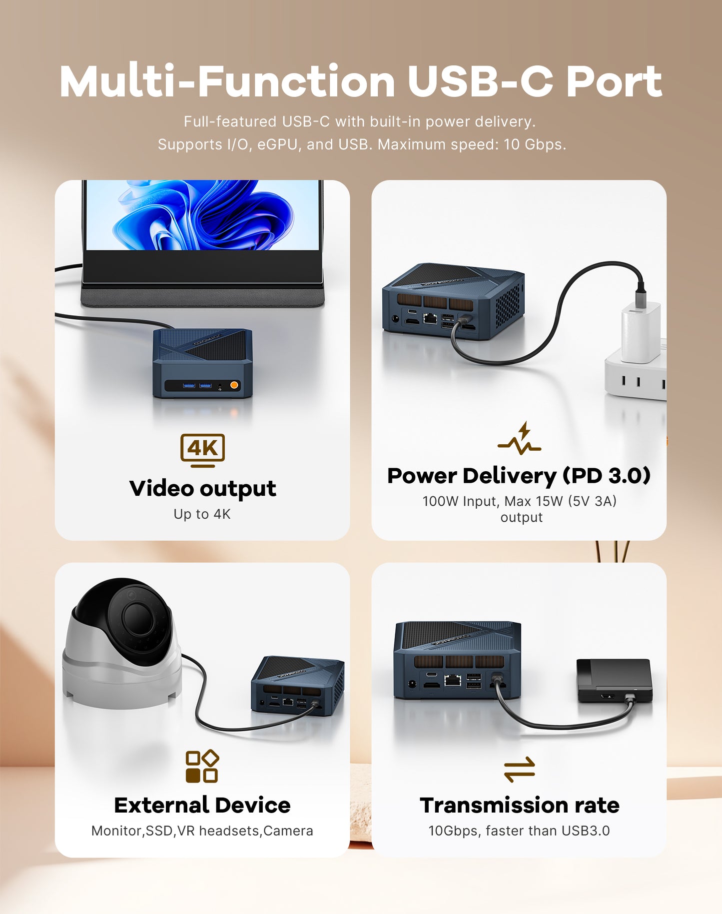 C8 Mini PC, AMD Ryzen 5400U Mini Computer, 16GB DDR4 RAM 512GB NVMe SSD 4C/8T, Four 4K@60Hz Displays, Dual HDMI 2.0, Dual USB-C, 2.5Gb LAN, Wi-Fi 5, Win11 Pro/Ubuntu, Business Office Desktop PC