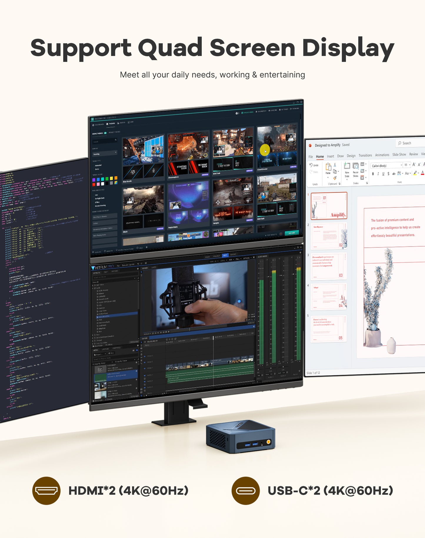 C8 Mini PC, AMD Ryzen 5400U Mini Computer, 16GB DDR4 RAM 512GB NVMe SSD 4C/8T, Four 4K@60Hz Displays, Dual HDMI 2.0, Dual USB-C, 2.5Gb LAN, Wi-Fi 5, Win11 Pro/Ubuntu, Business Office Desktop PC