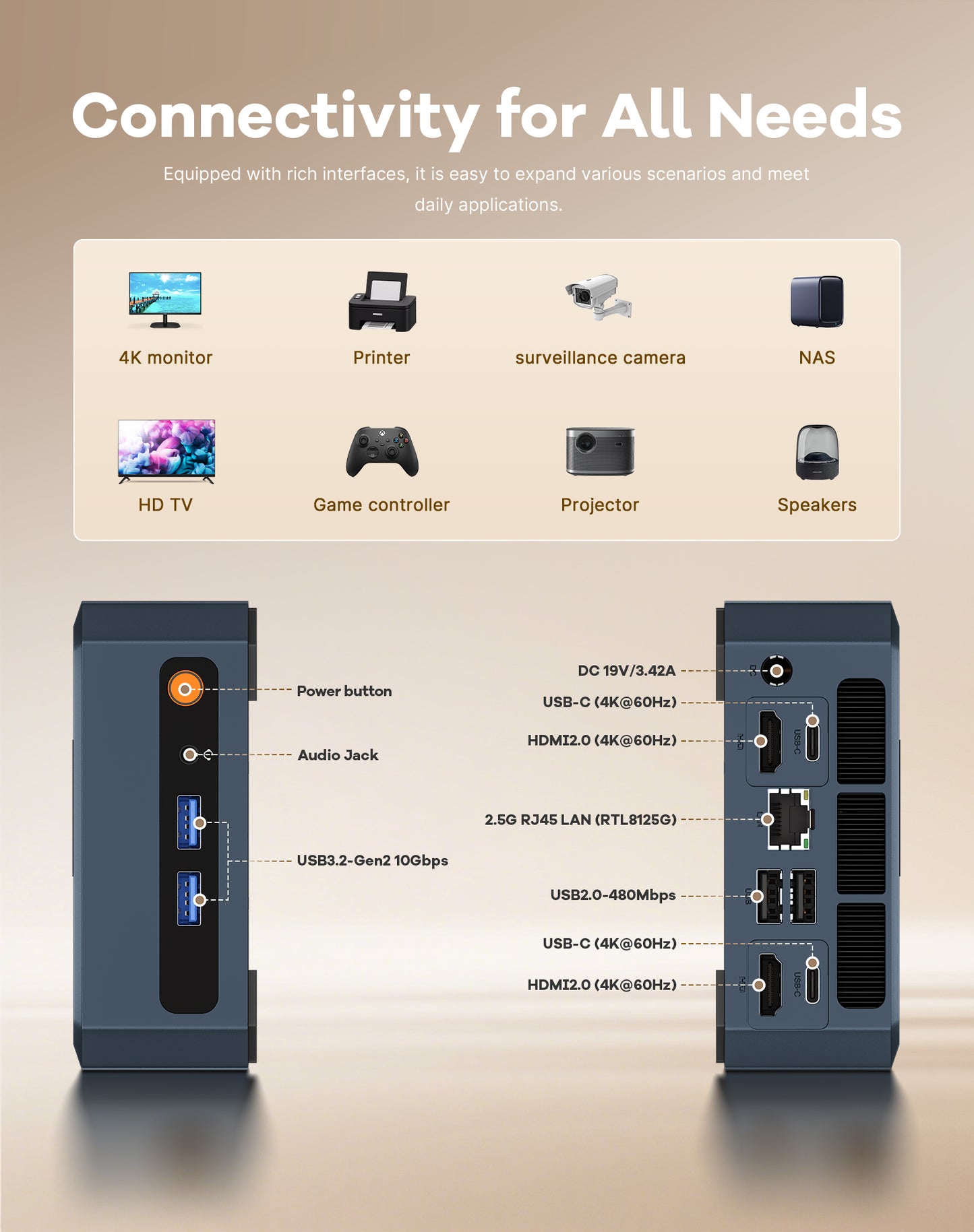 C8 Mini PC, AMD Ryzen 5400U Mini Computer, 16GB DDR4 RAM 512GB NVMe SSD 4C/8T, Four 4K@60Hz Displays, Dual HDMI 2.0, Dual USB-C, 2.5Gb LAN, Wi-Fi 5, Win11 Pro/Ubuntu, Business Office Desktop PC