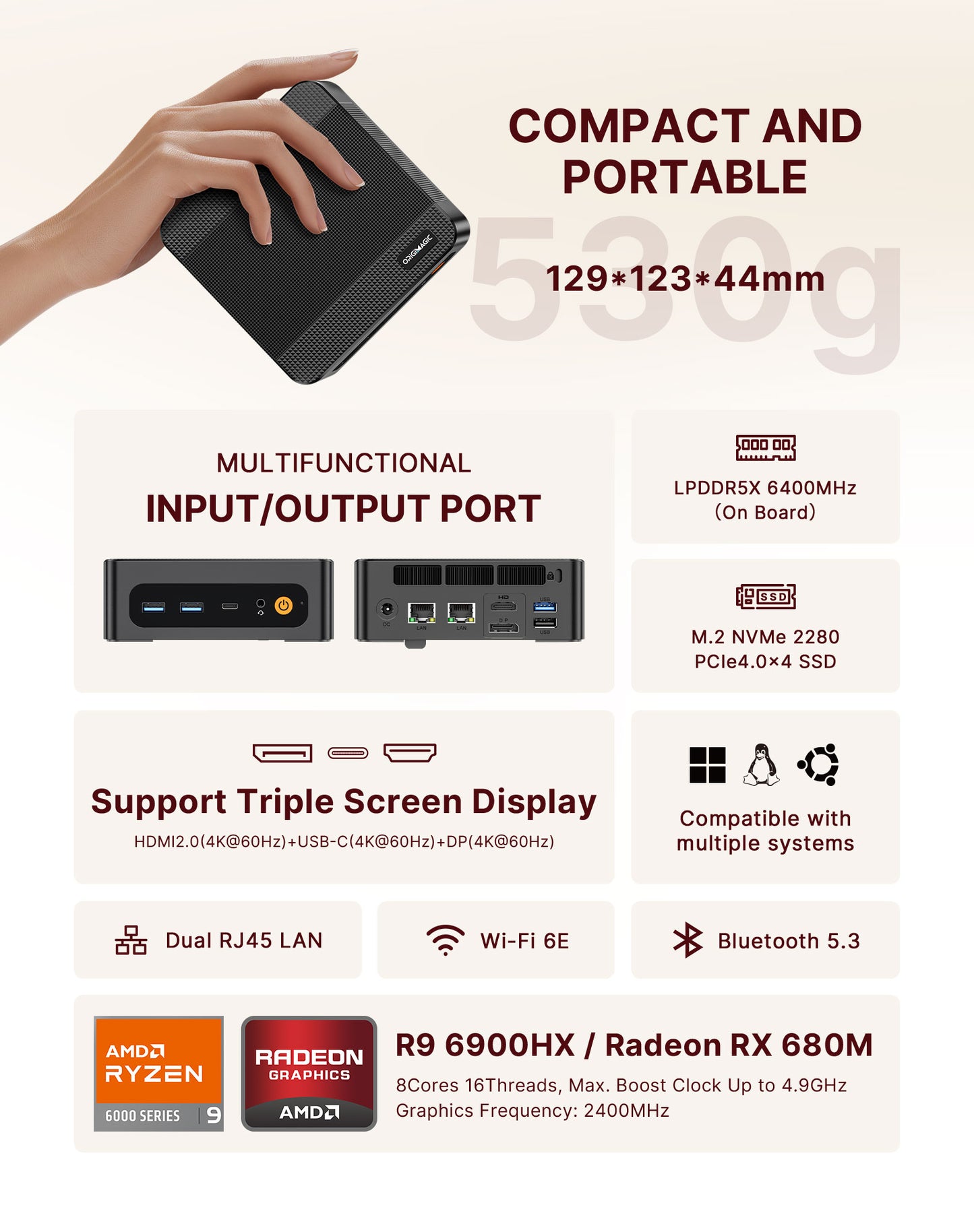 N4 Gaming Mini PC AMD Ryzen 9 6900HX(8C/16T,Up to 4.9Ghz) Windows 11 Pro 32GB DDR5 1TB M.2 NVME SSD Mini Desktop Computer/Dual Gigabit LAN/WiFi 6E/BT5.3/4K Triple Display(HDMI 2.0/DP/USB-C)